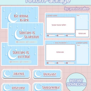 May include: A digital Twitch package with a light blue and pink color scheme. The package includes overlay screens with text like "Be Right Back" and "Stream is Starting", along with buttons for "About", "Donate", "Discord", and "Subscribe".