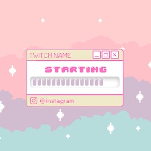 May include: A pixelated digital art piece with a pastel color scheme. A window-like graphic displays "TWITCH NAME" and "STARTING" in pink text, with a loading bar. An Instagram logo and handle are also present.