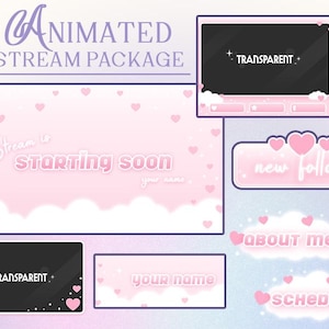Pink Animated Stream Overlay: Cozy Clouds & Hearts - VTuber Twitch Package