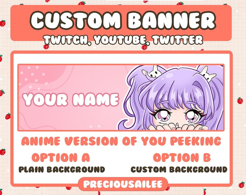 Pode incluir: Um banner rosa e branco com o texto "CUSTOM BANNER" em letras grandes e em negrito. O texto "TWITCH, YOUTUBE, TWITTER" est&aacute; abaixo do t&iacute;tulo do banner. O banner tamb&eacute;m inclui o texto "YOUR NAME" e uma ilustra&ccedil;&atilde;o de estilo anime de uma garota com cabelo roxo que espreita por tr&aacute;s do banner. O texto "ANIME VERSION OF YOU PEEKING" est&aacute; abaixo da ilustra&ccedil;&atilde;o. O texto "OPTION A" est&aacute; abaixo do texto "ANIME VERSION OF YOU PEEKING" e o texto "PLAIN BACKGROUND" est&aacute; abaixo do texto "OPTION A". O texto "OPTION B" est&aacute; abaixo do texto "ANIME VERSION OF YOU PEEKING" e o texto "CUSTOM BACKGROUND" est&aacute; abaixo do texto "OPTION B". O texto "PRECIOUSAILEE" est&aacute; na parte inferior do banner.