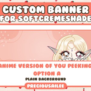 Pode incluir: Uma faixa rosa e branca com o texto "CUSTOM BANNER FOR SOFTCREMESHADE" em texto castanho. A faixa tamb&eacute;m inclui o texto "ANIME VERSION OF YOU PEEKING OPTION A PLAIN BACKGROUND PRECIOUSAILEE" em texto castanho. A faixa apresenta uma ilustra&ccedil;&atilde;o de estilo anime de uma pessoa com cabelo loiro que espreita por tr&aacute;s da faixa.