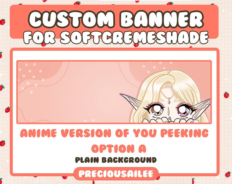 Pode incluir: Uma faixa rosa e branca com o texto "CUSTOM BANNER FOR SOFTCREMESHADE" em texto castanho. A faixa tamb&eacute;m inclui o texto "ANIME VERSION OF YOU PEEKING OPTION A PLAIN BACKGROUND PRECIOUSAILEE" em texto castanho. A faixa apresenta uma ilustra&ccedil;&atilde;o de estilo anime de uma pessoa com cabelo loiro que espreita por tr&aacute;s da faixa.