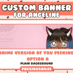 Pode incluir: Um banner rosa e branco com o texto "CUSTOM BANNER FOR ANGELINE" no topo. O banner apresenta uma ilustra&ccedil;&atilde;o de estilo anime de uma pessoa com cabelo castanho e olhos azuis espiando de um fundo rosa. O texto "ANIME VERSION OF YOU PEEKING OPTION A PLAIN BACKGROUND PRECIOUSAILEE" est&aacute; na parte inferior do banner.