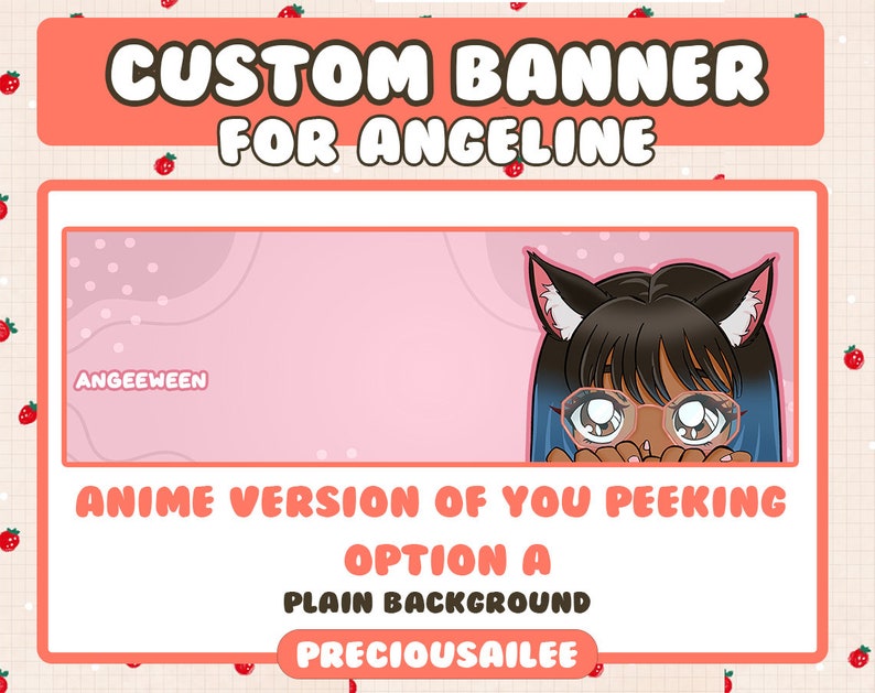 Pode incluir: Um banner rosa e branco com o texto "CUSTOM BANNER FOR ANGELINE" no topo. O banner apresenta uma ilustra&ccedil;&atilde;o de estilo anime de uma pessoa com cabelo castanho e olhos azuis espiando de um fundo rosa. O texto "ANIME VERSION OF YOU PEEKING OPTION A PLAIN BACKGROUND PRECIOUSAILEE" est&aacute; na parte inferior do banner.