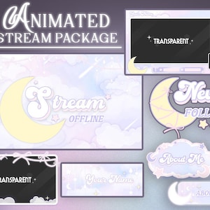 Magical Moon Stream Package, Pastel Animated Stream Overlay Pack, Cute Twitch Overlay, VTuber Assets, Dreamy Sky Theme, Girly