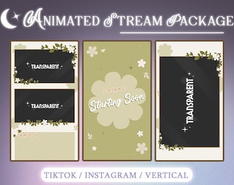 May include: A set of three animated stream overlays with a floral theme. The overlays feature a green background with white flowers and vines. The text "STREAM IS STARTING SOON" is displayed on the middle overlay. The overlays are designed for use on TikTok and Instagram.