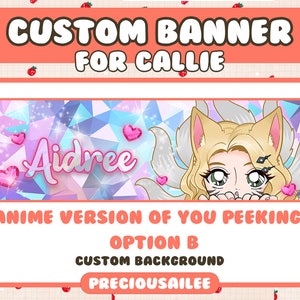 Pode incluir: Um banner personalizado com um fundo rosa, branco e azul que apresenta um personagem de anime de desenho animado com cabelo loiro e uma cauda peluda branca. O texto do banner diz "CUSTOM BANNER FOR CALLIE" e "Aidree". O banner tamb&eacute;m inclui o texto "ANIME VERSION OF YOU PEEKING OPTION B CUSTOM BACKGROUND PRECIOUSAILEE".