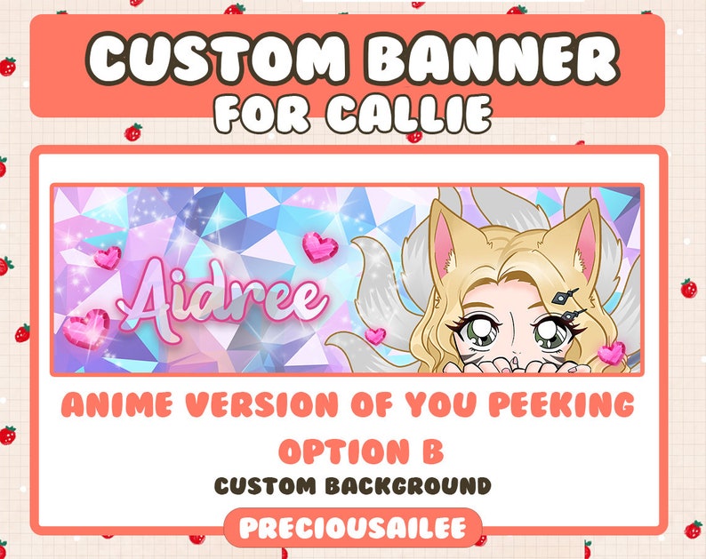Pode incluir: Um banner personalizado com um fundo rosa, branco e azul que apresenta um personagem de anime de desenho animado com cabelo loiro e uma cauda peluda branca. O texto do banner diz "CUSTOM BANNER FOR CALLIE" e "Aidree". O banner tamb&eacute;m inclui o texto "ANIME VERSION OF YOU PEEKING OPTION B CUSTOM BACKGROUND PRECIOUSAILEE".