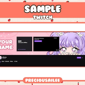 Pode incluir: Um banner Twitch rosa e roxo com uma menina de desenho animado com cabelo roxo e uma tela offline em preto e branco. O texto "YOUR NAME" est&aacute; em branco com um contorno rosa. O texto "eileersa is offline" est&aacute; em branco com um contorno preto. O texto "OFFLINE" est&aacute; em branco com um contorno preto. O texto "PRECIOUSAILEE" est&aacute; em branco com um contorno rosa.