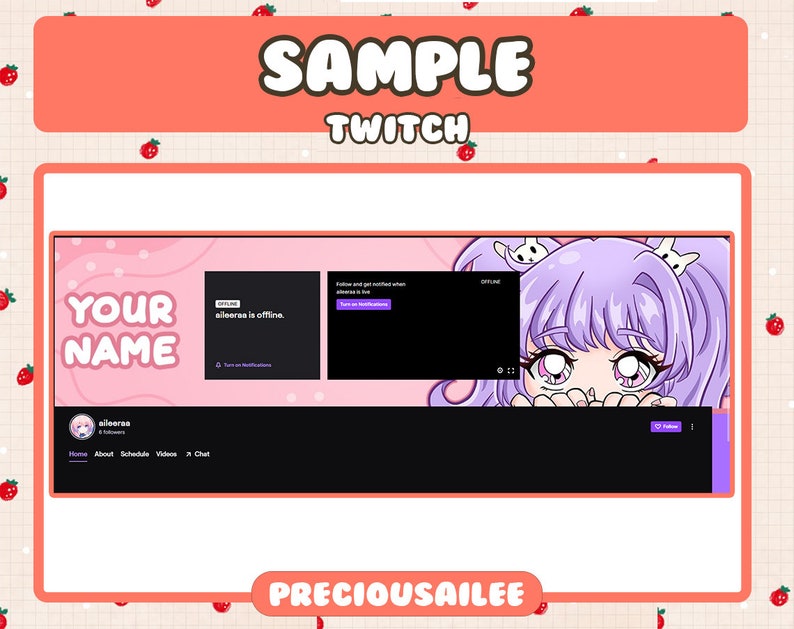 Pode incluir: Um banner Twitch rosa e roxo com uma menina de desenho animado com cabelo roxo e uma tela offline em preto e branco. O texto "YOUR NAME" est&aacute; em branco com um contorno rosa. O texto "eileersa is offline" est&aacute; em branco com um contorno preto. O texto "OFFLINE" est&aacute; em branco com um contorno preto. O texto "PRECIOUSAILEE" est&aacute; em branco com um contorno rosa.