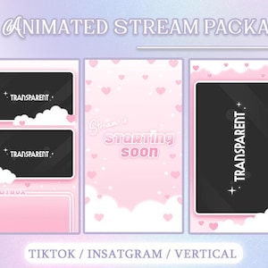 May include: An animated stream package with a soft pastel color scheme. The design includes a moon and stars, cloud and heart motifs, and the text "Animated Stream Package." The package includes overlays for chat, and a "Stream is starting soon" screen.