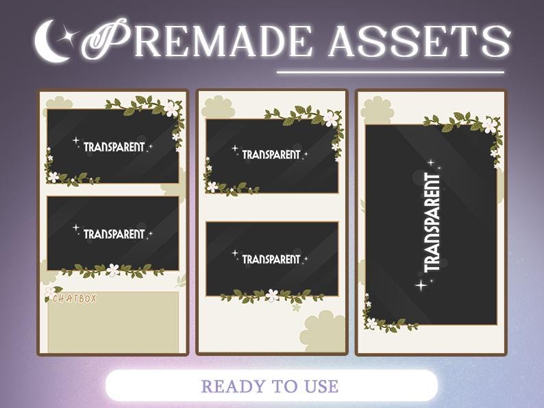 cottagecore, green, flowers and plants, starting soon, ending soon, webcam, alerts, panels, twitch, graphics, package, animated, kawaii, vtuber, graphics for stream, overlays for stream, twitch overlay, streamer overlay, cute theme, aesthetic, streamer assets, twitch alerts, webcam overlay, clouds, stream offline, animated scenes, personalized gifts, twitch panels, twitch alerts, banner, vtuber commission, twitch aesthetic, cozy twitch theme, chatbox, social label, tiktok overlay, vertical.