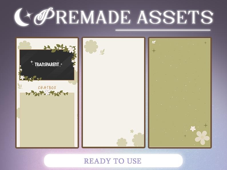 cottagecore, green, flowers and plants, starting soon, ending soon, webcam, alerts, panels, twitch, graphics, package, animated, kawaii, vtuber, graphics for stream, overlays for stream, twitch overlay, streamer overlay, cute theme, aesthetic, streamer assets, twitch alerts, webcam overlay, clouds, stream offline, animated scenes, personalized gifts, twitch panels, twitch alerts, banner, vtuber commission, twitch aesthetic, cozy twitch theme, chatbox, social label, tiktok overlay, vertical.