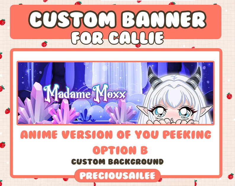 Pode incluir: Banner de estilo anime com um personagem de cabelo branco e chifres espiando por tr&aacute;s de um fundo de caverna de cristal. O texto "Madame Moxx" &eacute; vis&iacute;vel no fundo. O texto do banner diz: "Banner personalizado para Callie, Vers&atilde;o anime de voc&ecirc; espiando, Op&ccedil;&atilde;o B, Fundo personalizado, Preciousailee."