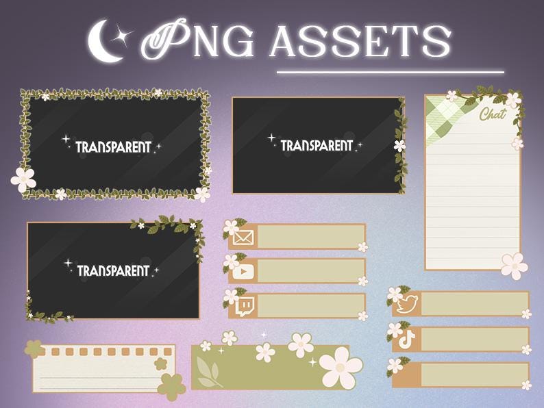 cottagecore, green, flowers and plants, starting soon, ending soon, webcam, alerts, panels, twitch, graphics, package, animated, kawaii, vtuber, graphics for stream, overlays for stream, twitch overlay, streamer overlay, cute theme, aesthetic, streamer assets, twitch alerts, webcam overlay, clouds, stream offline, animated scenes, personalized gifts, twitch panels, twitch alerts, banner, vtuber commission, twitch aesthetic, cozy twitch theme, chatbox, social label, tiktok overlay, vertical.