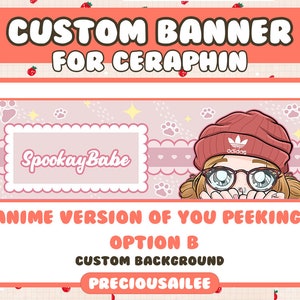 Pode incluir: Uma faixa personalizada rosa e branca com o texto "CUSTOM BANNER FOR CERAPHIN" no topo. A faixa apresenta uma ilustra&ccedil;&atilde;o de estilo anime de uma pessoa com cabelo castanho usando um gorro vermelho com o logotipo da Adidas e &oacute;culos grandes. O texto "SpookayBabe" est&aacute; em uma caixa rosa com borda branca. O texto "ANIME VERSION OF YOU PEEKING OPTION B CUSTOM BACKGROUND PRECIOUSAILEE" est&aacute; na parte inferior da faixa.