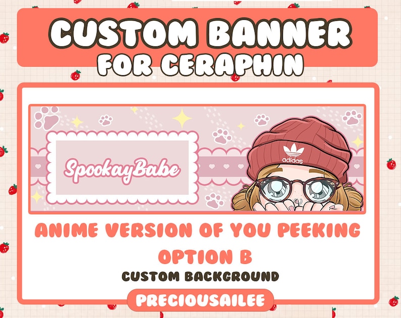 Pode incluir: Uma faixa personalizada rosa e branca com o texto "CUSTOM BANNER FOR CERAPHIN" no topo. A faixa apresenta uma ilustra&ccedil;&atilde;o de estilo anime de uma pessoa com cabelo castanho usando um gorro vermelho com o logotipo da Adidas e &oacute;culos grandes. O texto "SpookayBabe" est&aacute; em uma caixa rosa com borda branca. O texto "ANIME VERSION OF YOU PEEKING OPTION B CUSTOM BACKGROUND PRECIOUSAILEE" est&aacute; na parte inferior da faixa.