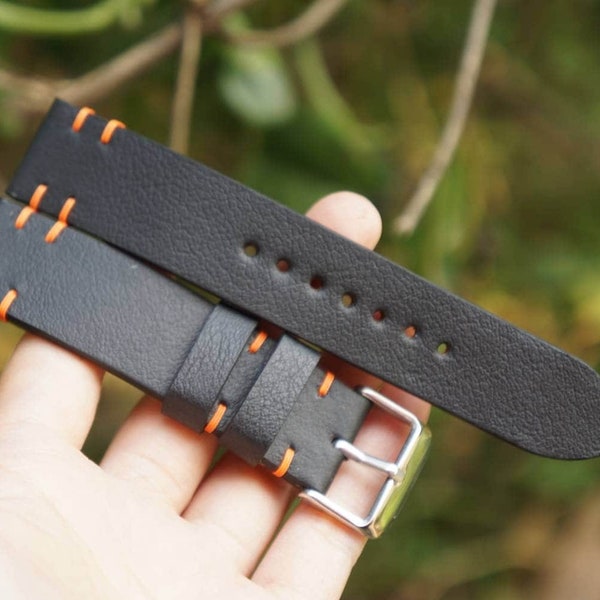 Black Kangaroo Leather Watch Strap, Black Soft Leather Watch Strap 15mm 16mm 17mm 18mm 19mm 20mm 21mm 22mm 23mm 24mm 26mm