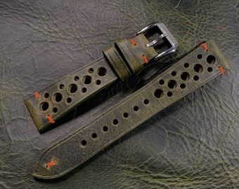 Olive Green Vintage Leather Racing Watch Strap. Custom Italy Leather Vintage Watch Strap 14mm 15mm 16mm 17mm 18mm 19mm 20mm 21mm 22mm 23mm