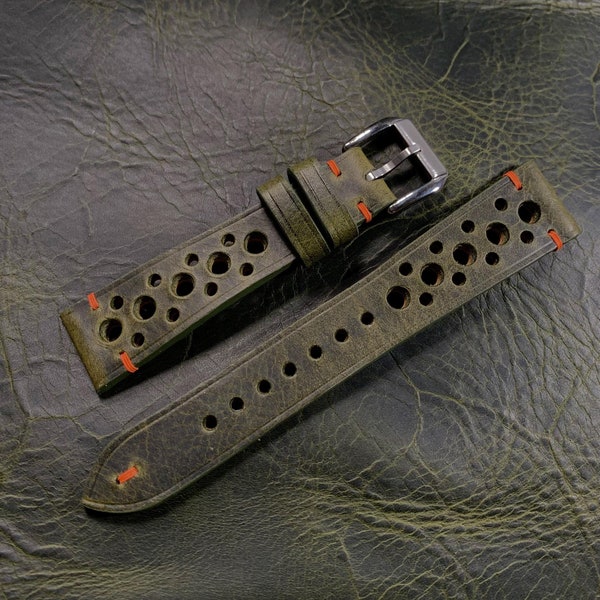 Olive Green Vintage Leather Racing Watch Strap. Custom Italy Leather Vintage Watch Strap 14mm 15mm 16mm 17mm 18mm 19mm 20mm 21mm 22mm 23mm