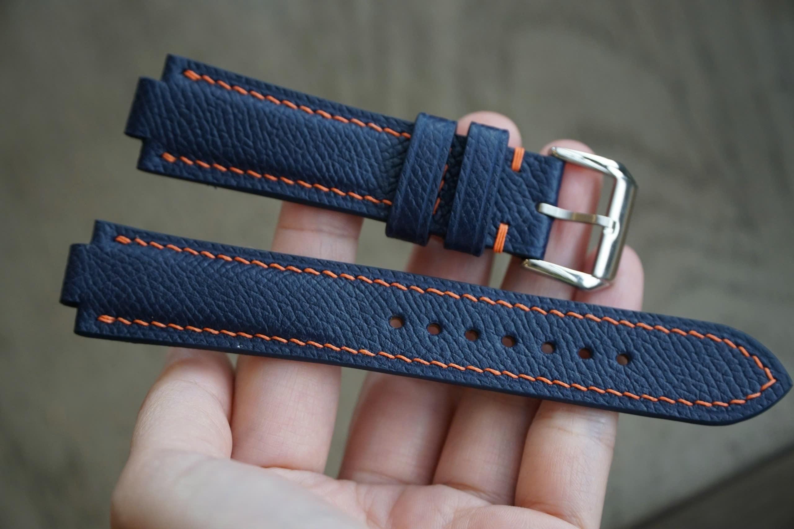 Navy Epsom/Calf Leather Watch Strap For Tissot PRX Watch, Oris Aquis watch, Notched Watch strap