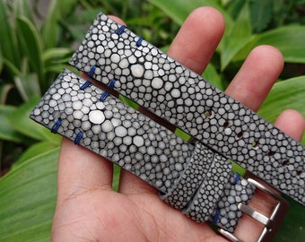 Cinturino Orologio In Pelle Stingray Nero-bianco, Artigianale Vietnam, Misure Da 12mm A 36mm - Foto 2