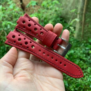 Red High-End Calf Leather Rally Watch Strap For Tissot PRX Watch, Oris Aquis watch, Notched Watch strap