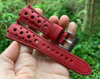 Red High-End Calf Leather Rally Watch Strap For Tissot PRX Watch, Oris Aquis watch, Notched Watch strap