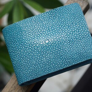 Puede incluir: Una cartera de cuero turquesa con una superficie texturizada única. La superficie de la cartera está cubierta de pequeños puntos blancos y azul claro, muy juntos. La cartera es rectangular y parece estar cerrada.
