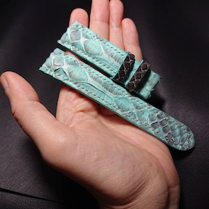Aqua color python watch strap. Handmade python strap