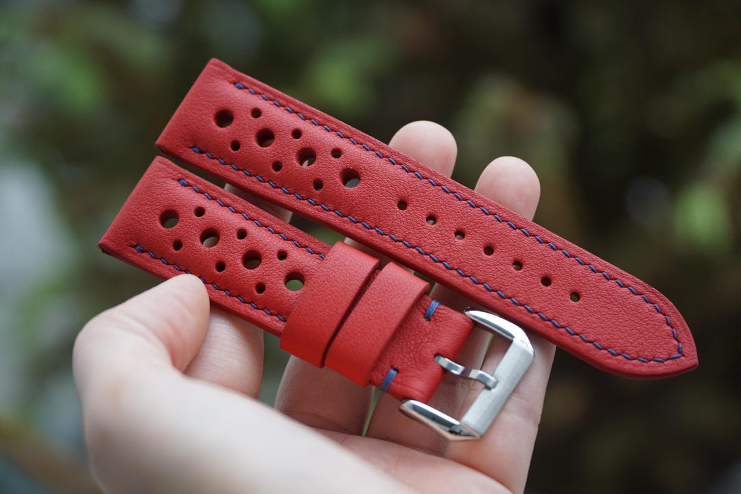 Red Soft Leather Rally Watch Strap 15mm 16mm 17mm 18mm 19mm 20mm 21mm ...
