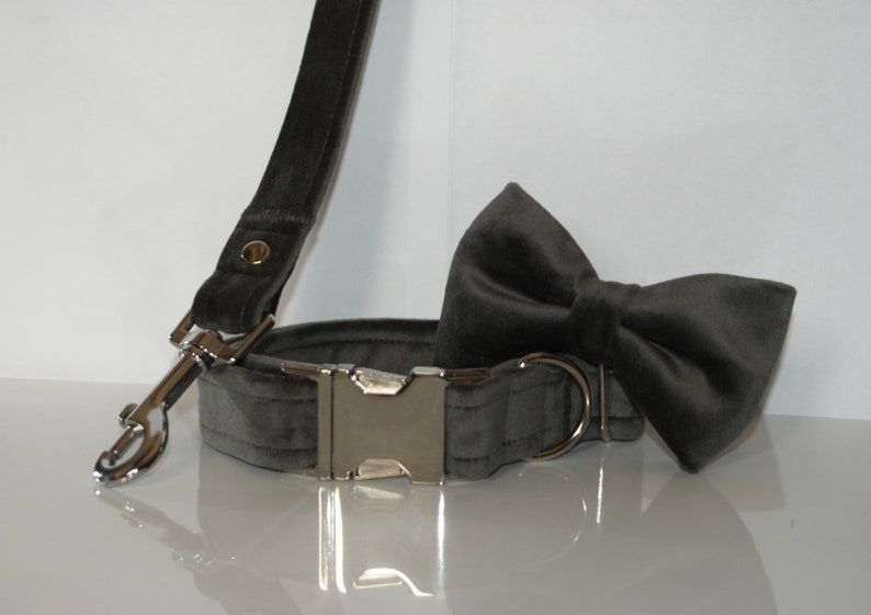 Charcoal Grey Velvet Dog Collar,Lead and Bow Set
