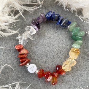 May include: A rainbow chakra bracelet made with natural stones. The bracelet features clear quartz, amethyst, lapis lazuli, green aventurine, citrine, carnelian, and red jasper stones. A silver charm with a triangle symbol is included.