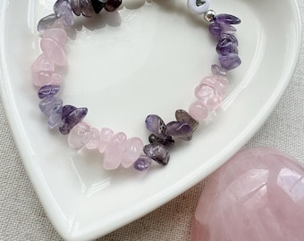 Personalised Children’s Rose Quartz & Amethyst Crystal Bracelet - Girls Initial Bracelet - Kids Bracelet