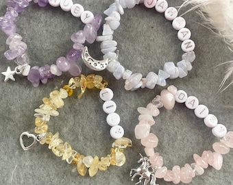 Personalized Crystal Name Healing Bracelet Children's Amethyst, Rose Quartz & Charm
