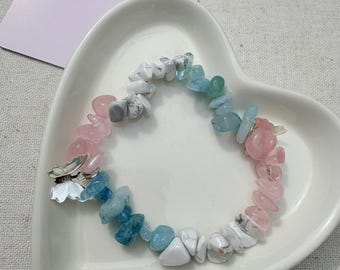 Aquamarine, Rose Quartz & Howlite Crystal Bracelet with Butterfly Charm