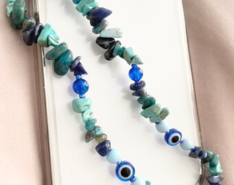 Blue Crystal Evil Eye Mobile Phone Charm Strap / Sodalite / Turquoise / Lapis Lazuli