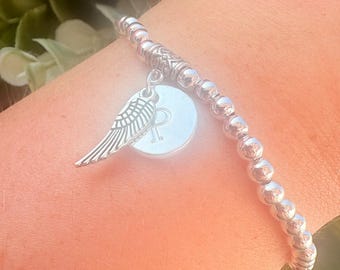 Angel Wing Initial Silver Plated Bracelet: Personalized Grief Jewelry