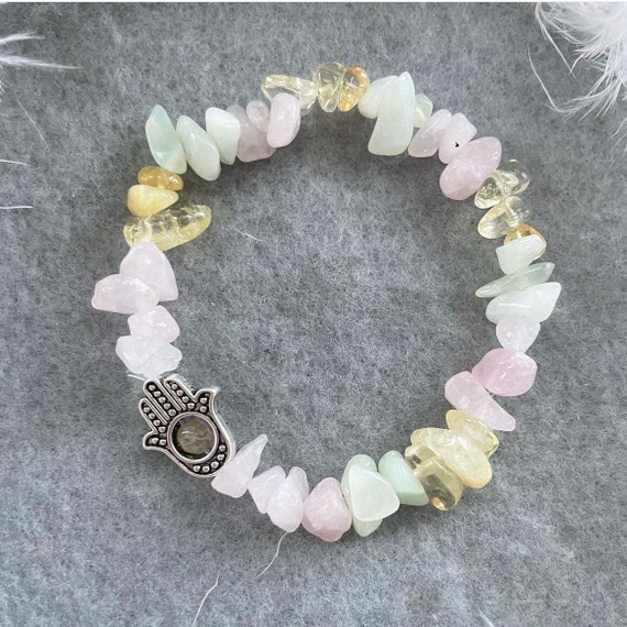Rose Quartz, Olive Jade Citrine Hamsa Hand Healing Bracelet