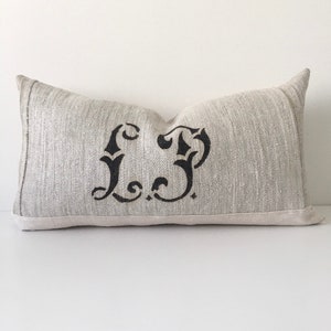 Antique European Black Monogram Initial Authentic Grainsack Pillow