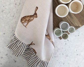 Linen ruffle tea towel - French Hares - Peony and Sage fabric, ticking or plain ruffle