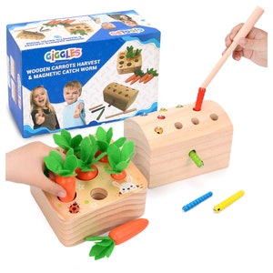 Wooden Carrot Toy & Woodpecker Worm Catching Gift Set Great for Motor Skill Developmental Learning Skills Montessori Baby Toddlers Toys Game