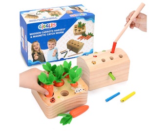 Wooden Carrot Toy & Woodpecker Worm Catching Gift Set Great for Motor Skill Developmental Learning Skills Montessori Baby Toddlers Toys Game