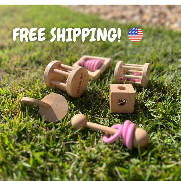 PINK Wooden Baby Toy & Wooden Baby Rattle, Wooden Toys - Natural Baby Toys, Wooden Teether, Wood, Babies, Wooden Baby Toys 0-6 Months