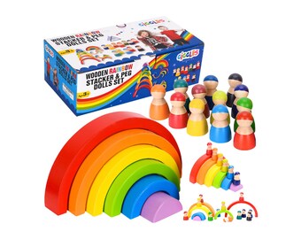 Wooden Rainbow Stacking Boosts Brain Development & Coordination Toy, Toys, Blocks, Wood, for Girls, Boys, Baby, Game Stacker Grimms