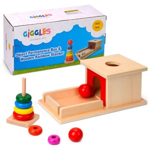 Montessori Object Permanence Box And Rainbow Stacker Toy Gift Set Wooden for Toddlers, Ball, Drop, Coin, Sensory, Training Education