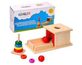 Montessori Object Permanence Box And Rainbow Stacker Toy Gift Set Wooden for Toddlers, Ball, Drop, Coin, Sensory, Training Education