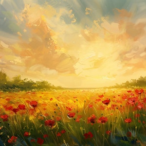 Può includere: Un dipinto di un campo di papaveri rossi con un cielo giallo e nuvole sullo sfondo.