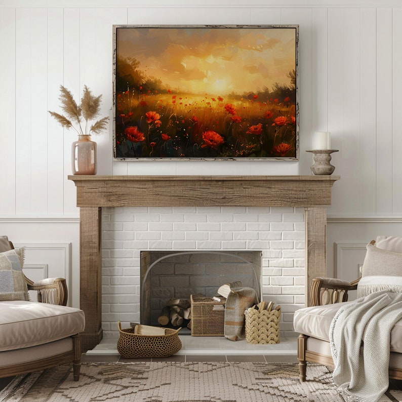 Fields of Remembrance: Printable Poppy Field Landscape at Sunset, Oil 