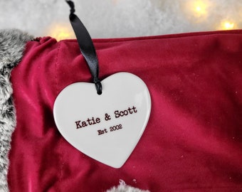 Personalised Ceramic Christmas heart decoration || couple gift, stocking filler, Mr + Mrs, Mr + Mr, Mrs + Mrs, personalised wedding gift